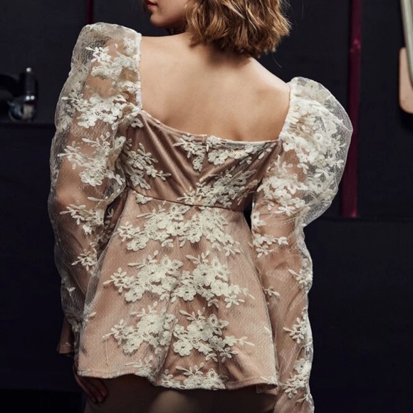 Lace floral bronze blouse top fashion runway puff sleeve women’s top - Picture 4 of 6